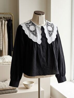 ZARA Black Button-Down Blouse with White Crochet Collar
